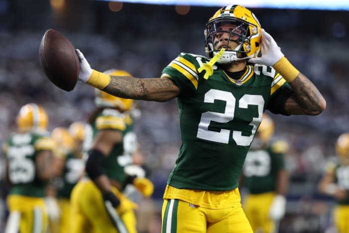 Green Bay Packers cornerback Jaire Alexander (23) reacts after an interception against the Dallas Cowboys in the first half of the 2024 NFC wild card game at AT&T Stadium.